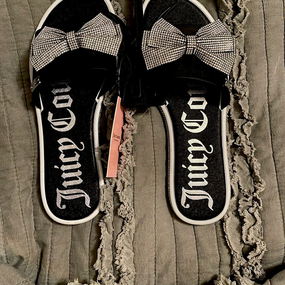 NWT JUICY COUTURE Black Rhinestone Bow Slides SZ: 8 - Picture 2 of 4
